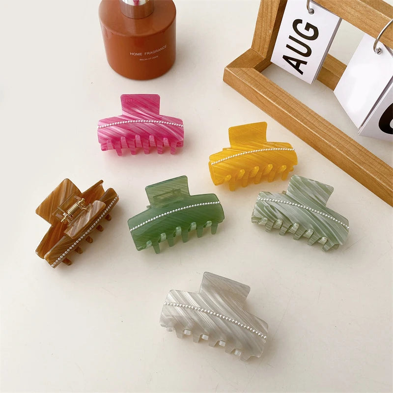 Korean Simple Girl Hair Clip Claw Jelly Color Elegant Temperament Hair Accessories Acetic Acid Stripe Pearl Hair Claw