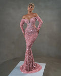 A9822 European and American Styles Beaded Long Sleeves Women Maxi Dress Sequined Off-shoulder Pink Ladies Evening Dress