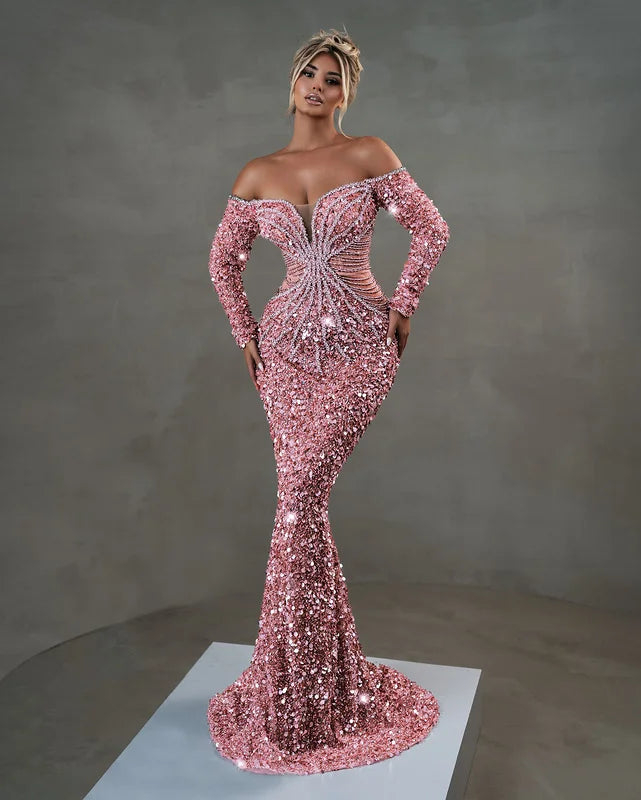 A9822 European and American Styles Beaded Long Sleeves Women Maxi Dress Sequined Off-shoulder Pink Ladies Evening Dress