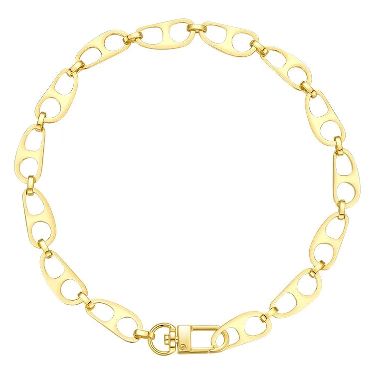 Latest 18K Gold Plated Stainless Steel Jewelry Hollow Irregular Oval Sheet Chain Big Buckle Necklace Alloy Buckle P203168