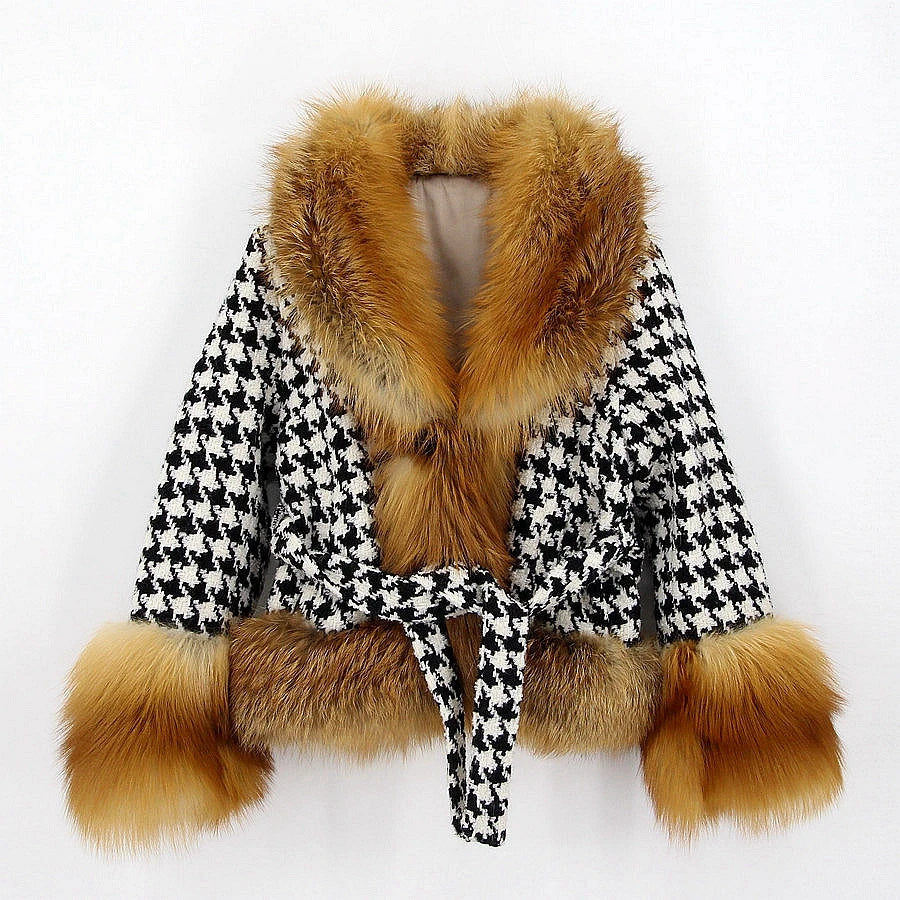 QIUCHEN QC21076 2022 Vintage Breathable Fashion Belted Luxurious Regular Wool Jacket Women's Fox Fur Coat