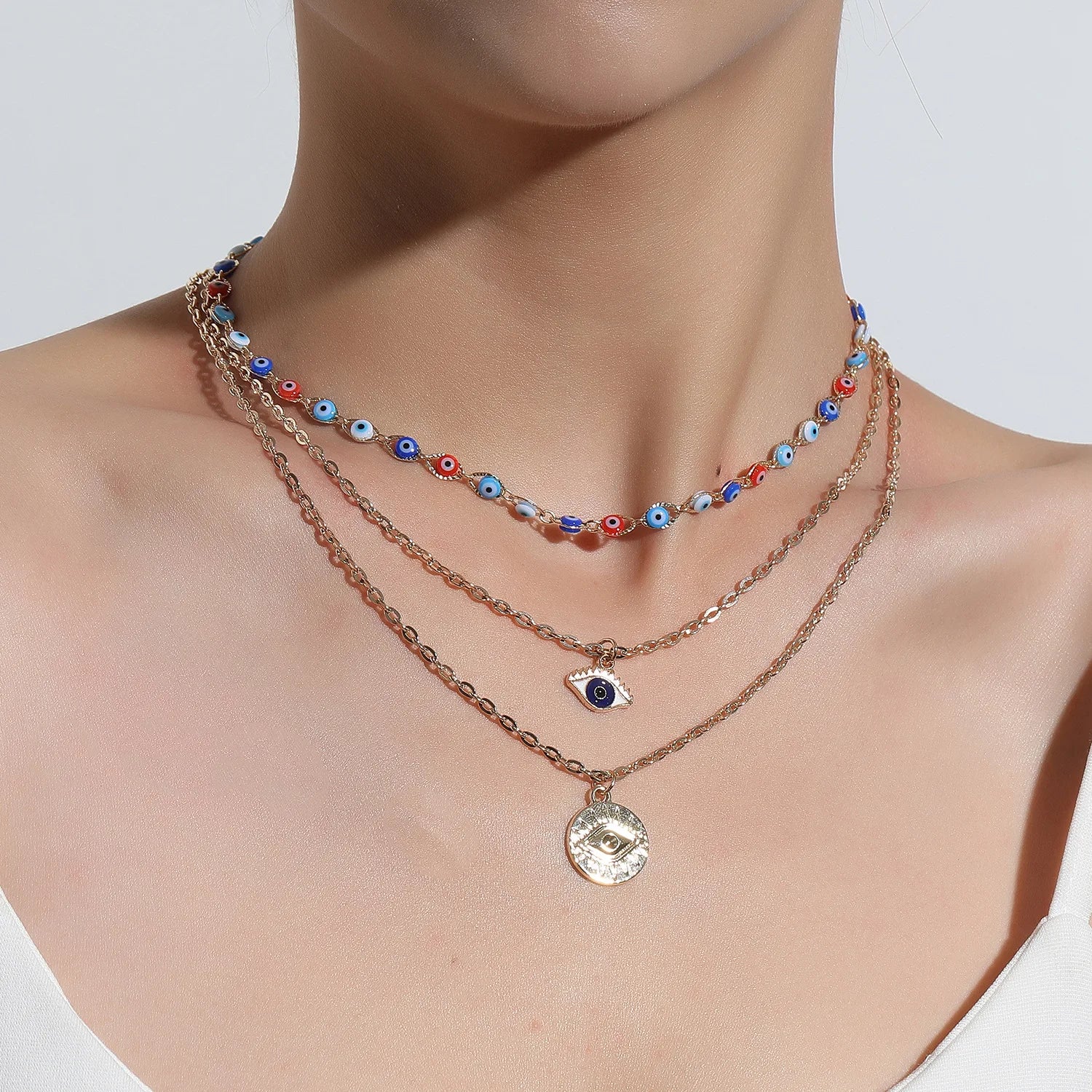 Wholesale Evil Eyes Beaded Necklace Jewelry Choker 3 Layer Muti Layered Bulk Evil Eyes Layered Necklace