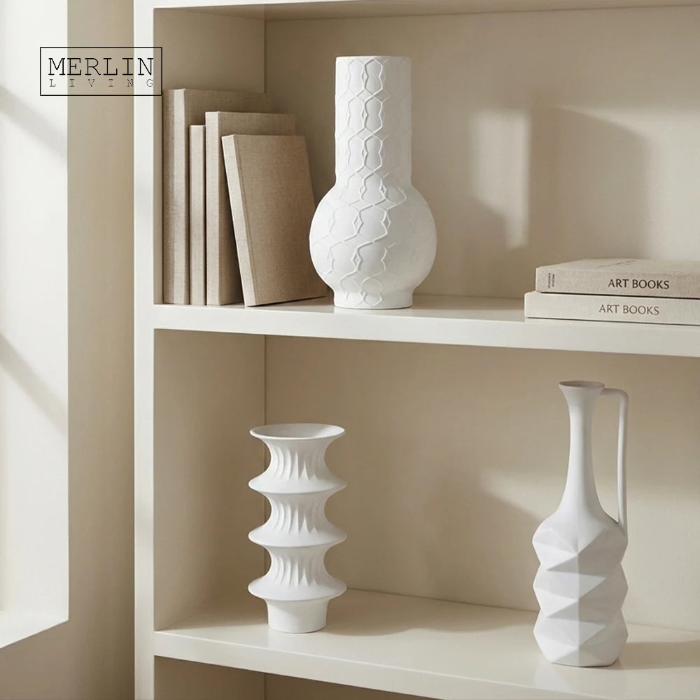 Merlin Living Nordic Flower Tabletop Vase Wholesale Rippling Ceramic Matte Bottle with Rattan Pattern Elegant Decorative Vase