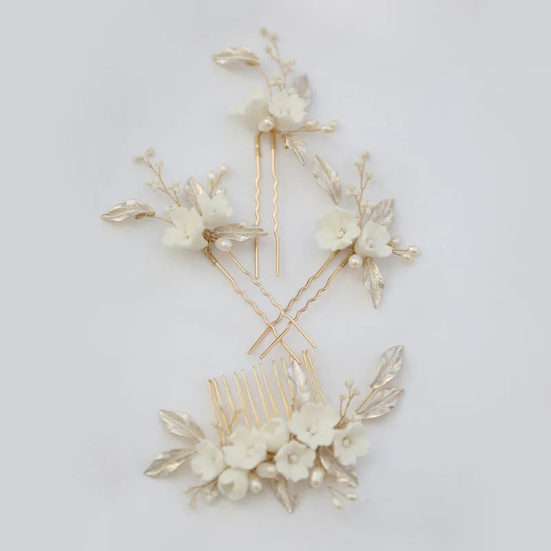 SLBRIDAL Handmade Crystal Freshwater Pearls Ceram Flower Leaf Bridal Hair Comb Hair Pin Set Wedding Hair Accessory Women Jewelry MegaBDM