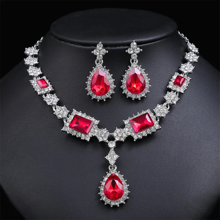 Hot Sale Luxury Water Drop Square Shape Crystal Diamond Necklace Earring Fashion Jewelry Set for Women