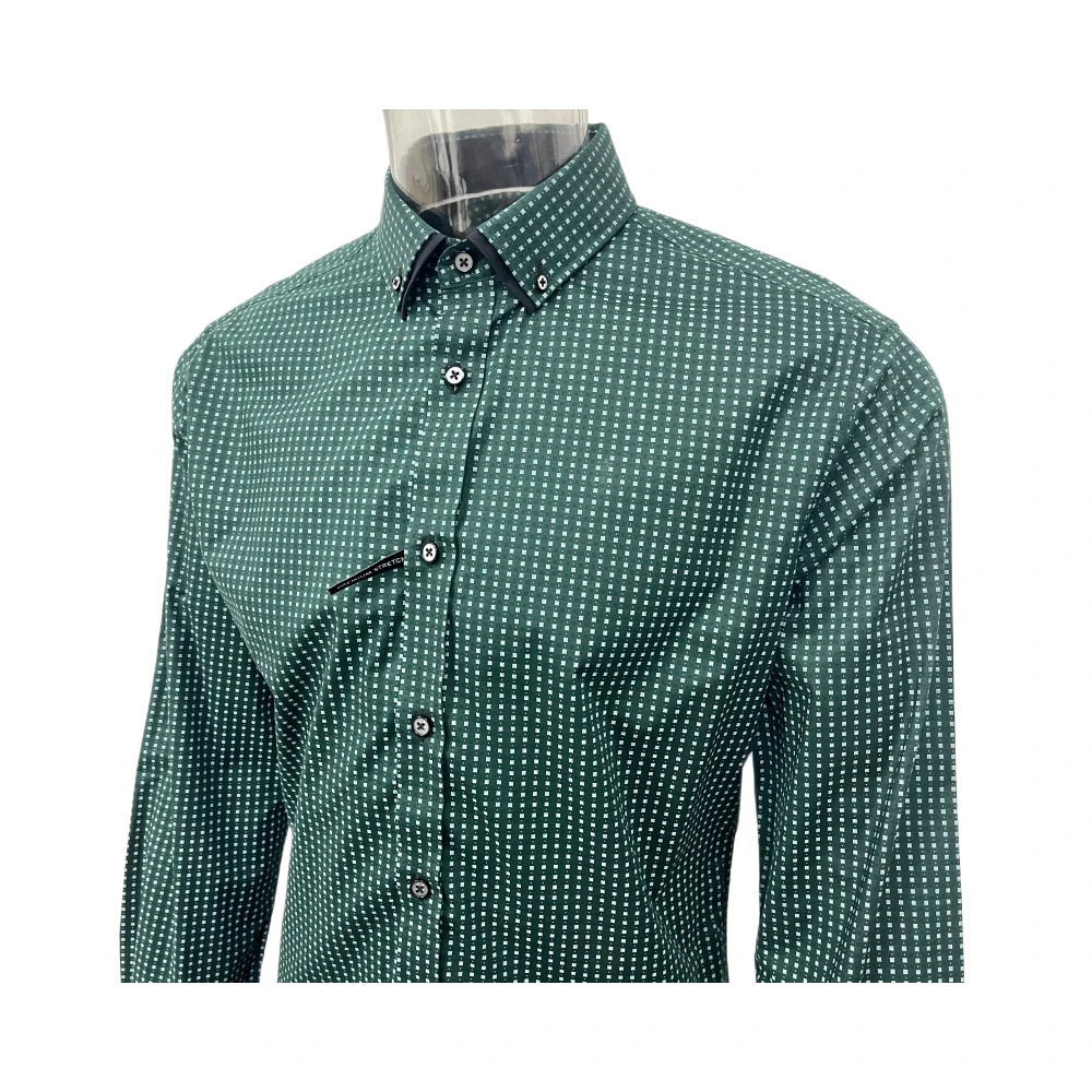 97/3 Spandex / Cotton Elastic Printing Neck Rolling Dark Green Shirts Long Sleeve Casual Formal Mens Dress Shirts