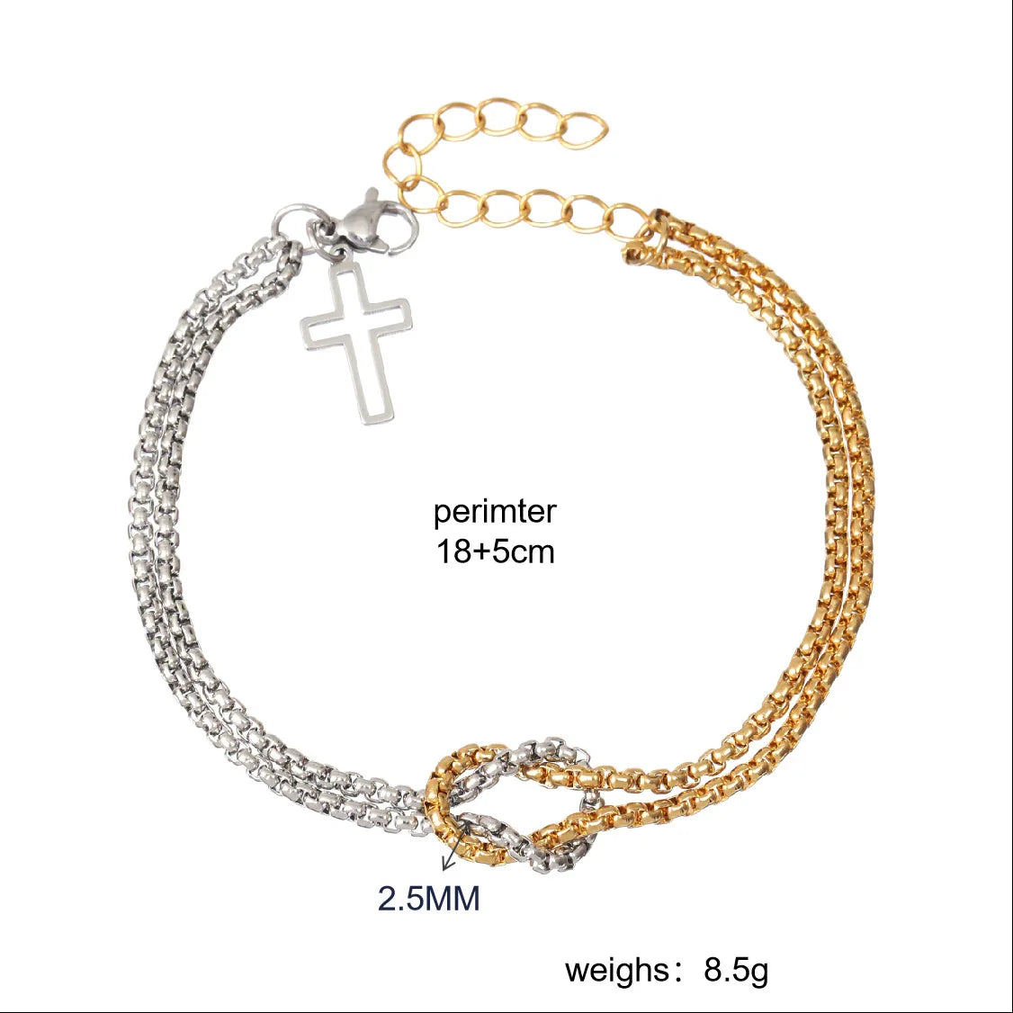 Trendy Two Tone Double Layer Chain 18K Gold Plated Stainless Steel Cross Bracelet for Men Women Tarnish-Free PVD Featuring