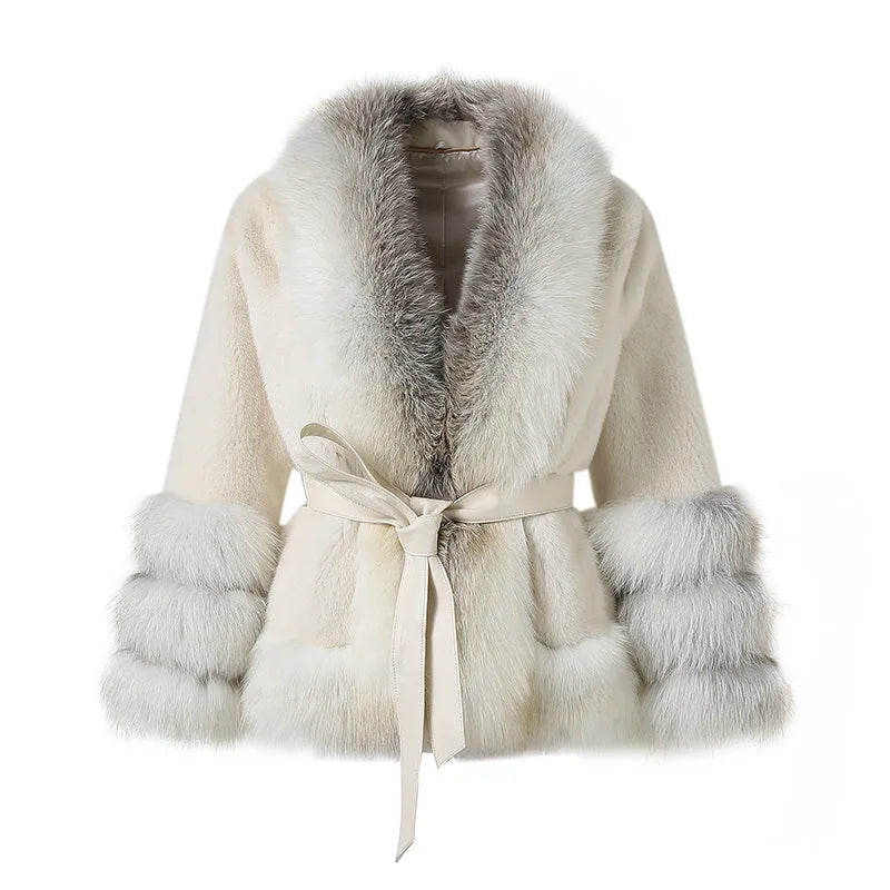 Luxury Winter Belt Slimming Short Fur Jacket Genuine Mink Fur Coat Women With Cross Fox Fur Collar Cuffs