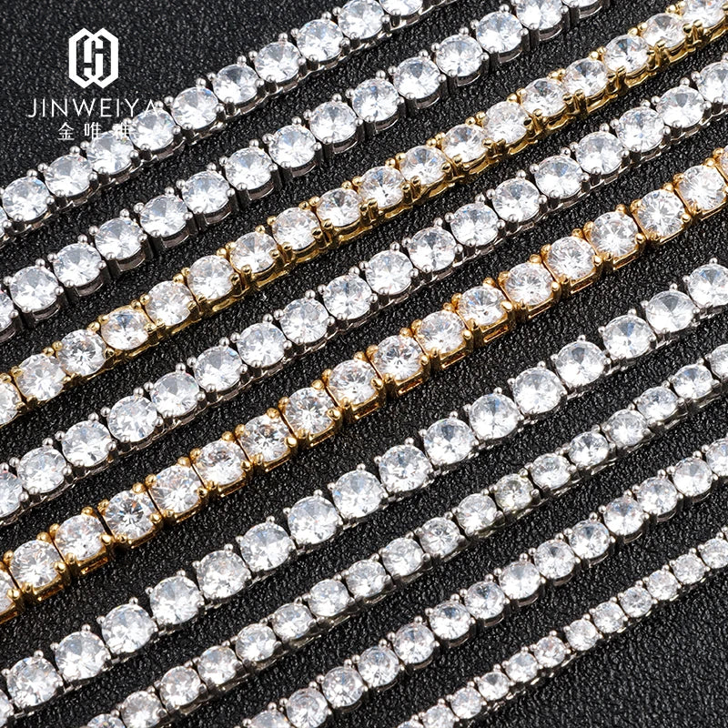 Wholesale Men's Diamond Tennis Chain Necklace 3mm 4mm 5mm Brass Gold Plated Hip Hop Style with Claw Setting Inlay
