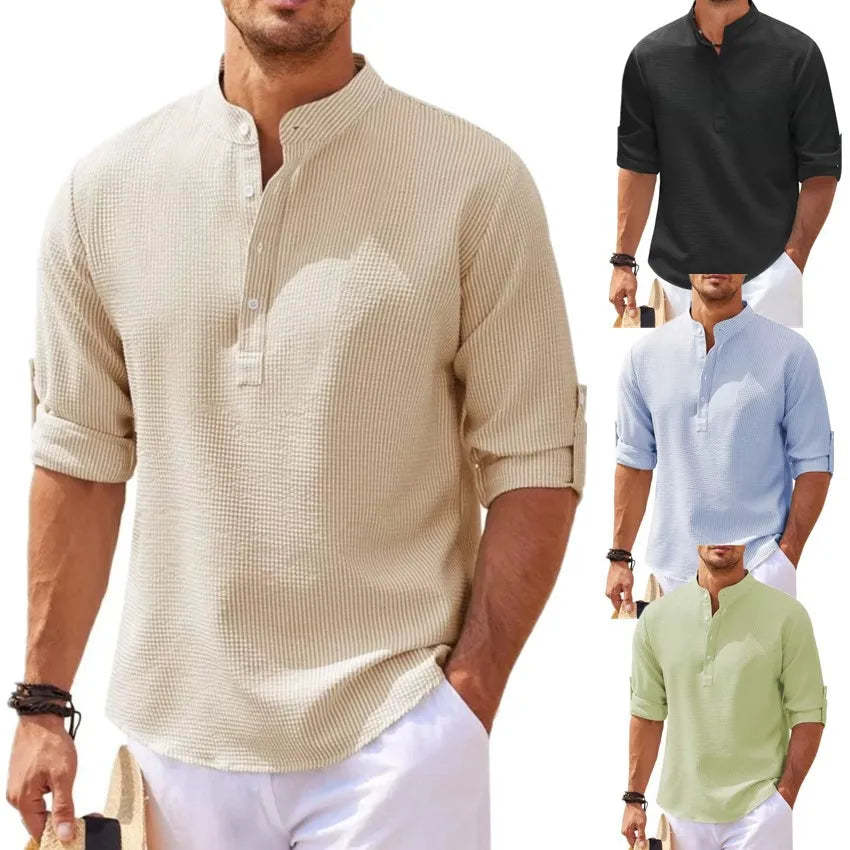 S-5XL Hot Sale Men's Long-Sleeved Shirts Spring Autumn Solid Color Stand-Up Collar Casual Beach Style Plus Size