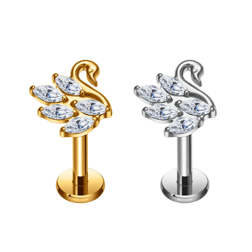 ASTM F136 G23 Titanium Flat Back Swan Shape Marquise CZ Inlay Nose Stud Labret Ear Tragus Cartilage Helix Body Piercing Jewelry