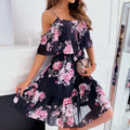Ready Ship Popular Elegant Off the Shoulder Ruffle Dresses Womens Floral Printing Chiffon Dress