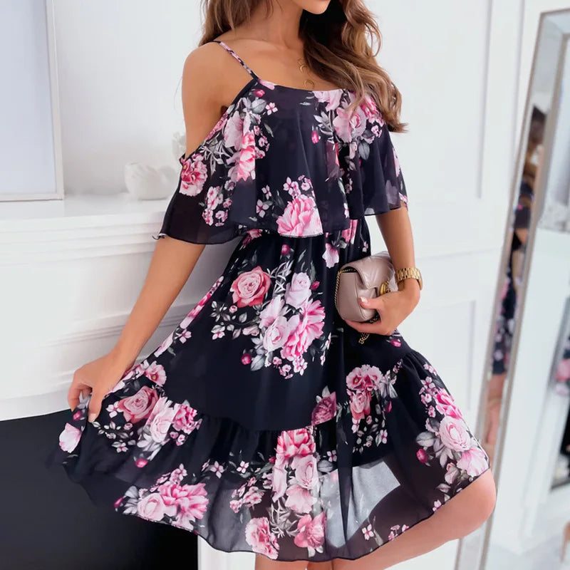 Ready Ship Popular Elegant Off the Shoulder Ruffle Dresses Womens Floral Printing Chiffon Dress