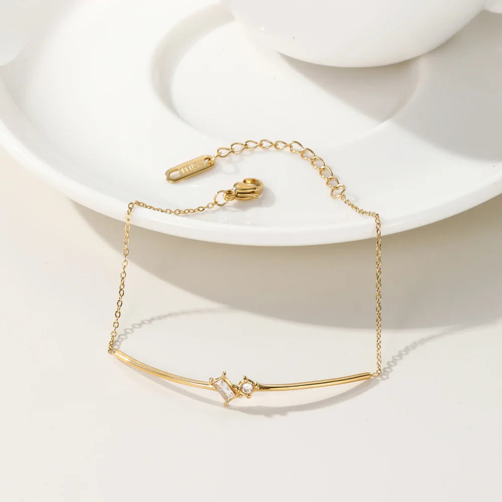 Minimalist Advanced Jewelry 18K Gold Plated Waterproof One Line Geometric Zircon Stainless Steel Bracelet