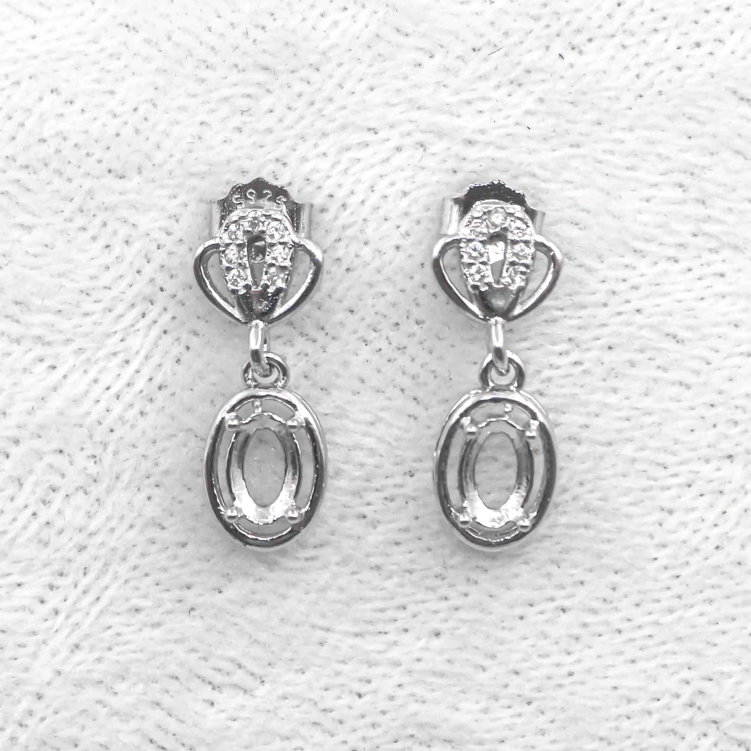 Sterling Silver 4*6mm Semi Mount Stud Eardrops Empty Frame Support Blank Setting S925 Base Without Center Stone DIY for Inlay