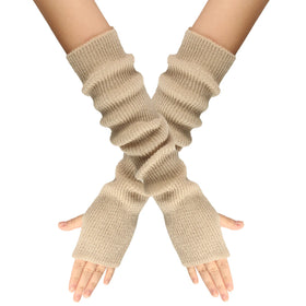 Fashion Girl's Autumn and Winter Warm Solid Color Plus Long Arm Cover Classic Plain Knit Sleeve Fingerless Gloves for Women