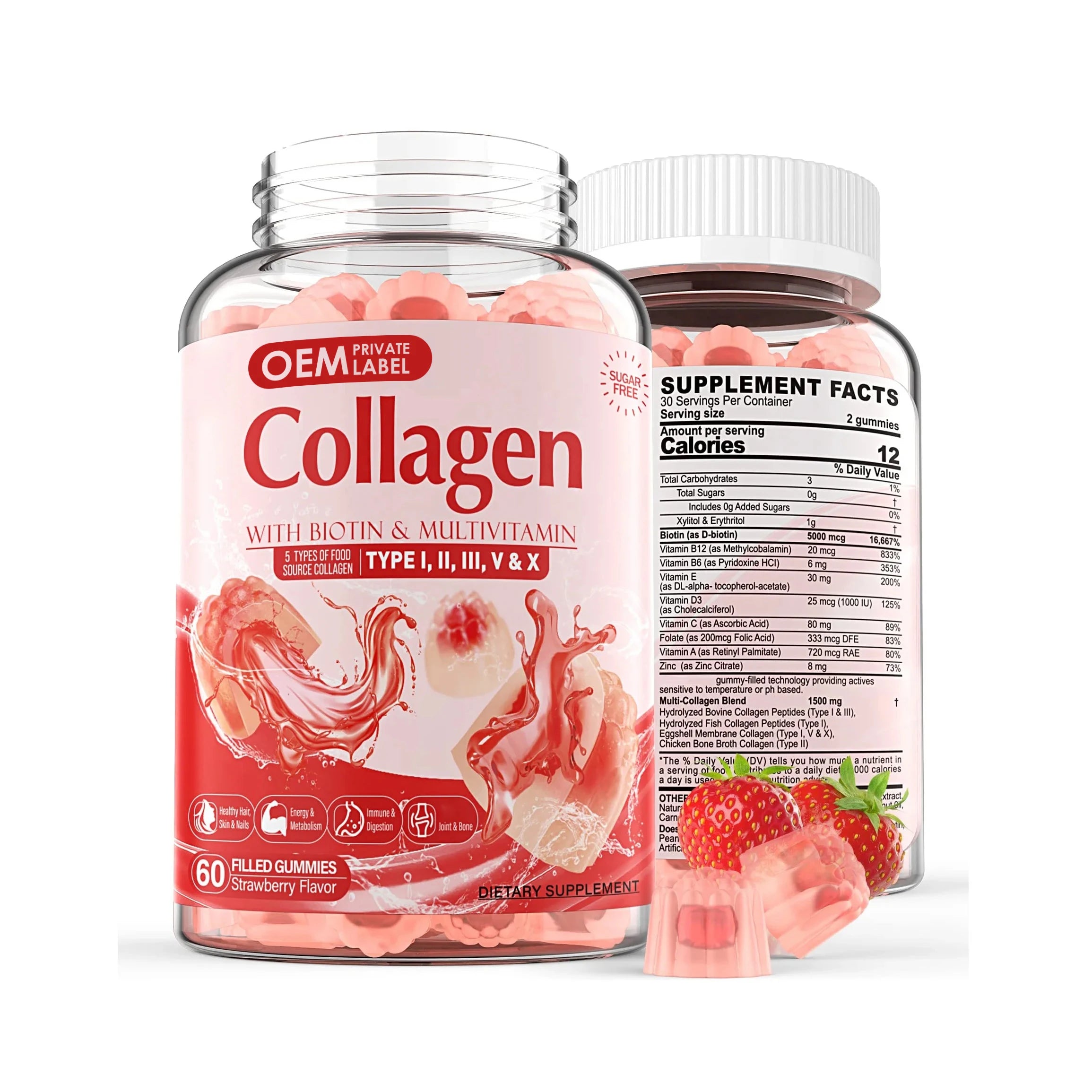 OEM Private Label Vegan Collagen Filled Gummies Supplements Biotin Collagen Gummy Hair Gummy Vitamins for Hair Skin and Nails
