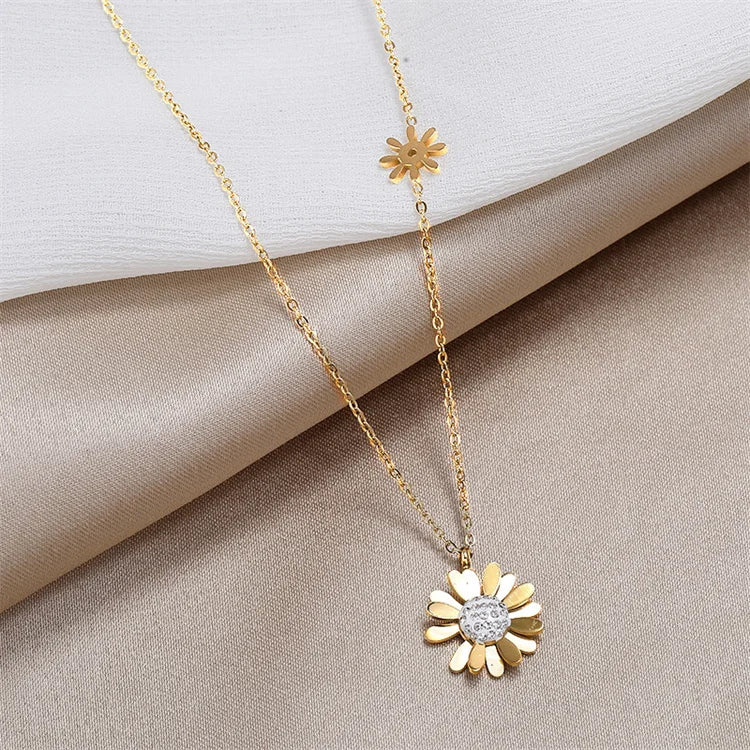 Hot Selling Dainty Cute Fashion Jewelry Stainless Steel Gold Plated Flower Daisy Pendant Necklace