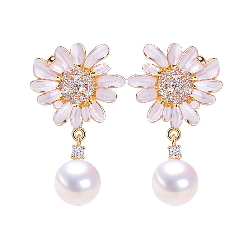 18K Gold-plated Sunflower Pearl Stud Earrings Natural Freshwater Pearl Earrings for Women