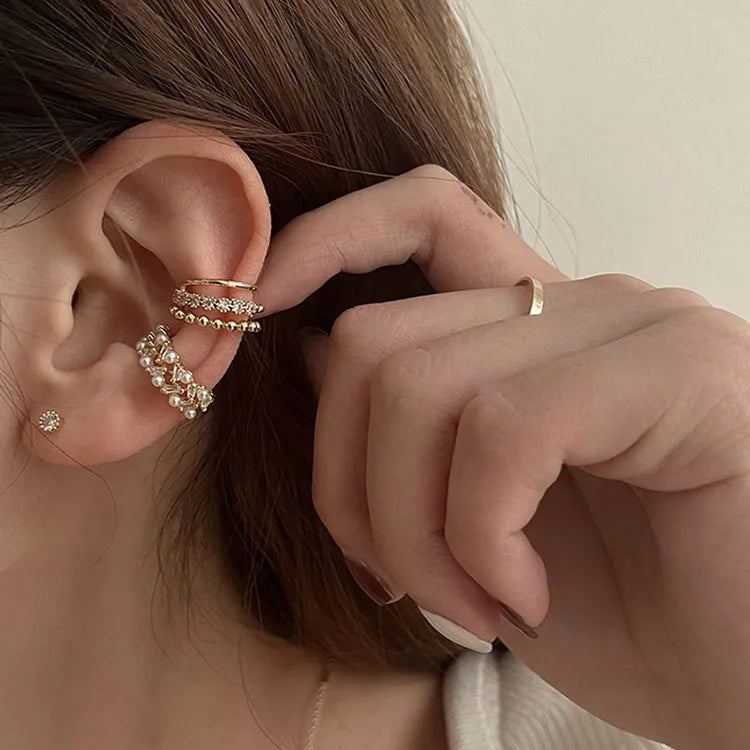 SC Fashion Gold Color No Pierced Ear Clip Multilayer Women Earrings Korean Fashion Crystal Pearl Earrings