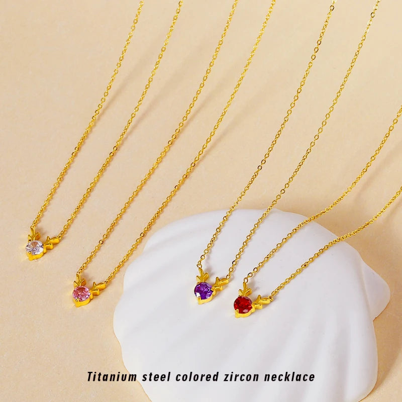 G3974 Wholesale Titanium Steel Necklace Deer Colored Zircon Pendant Necklaces for Valentine's Day Gift