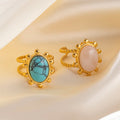 New Vintage Waterproof 18K Gold Plated Stainless Steel Turquoise Irregular Opening Ring for Women Wedding Engagement Gift