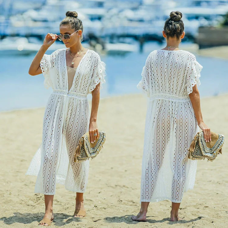 Muslim New White Lace Dress Beach Dress Hollow Ruffled Cover up