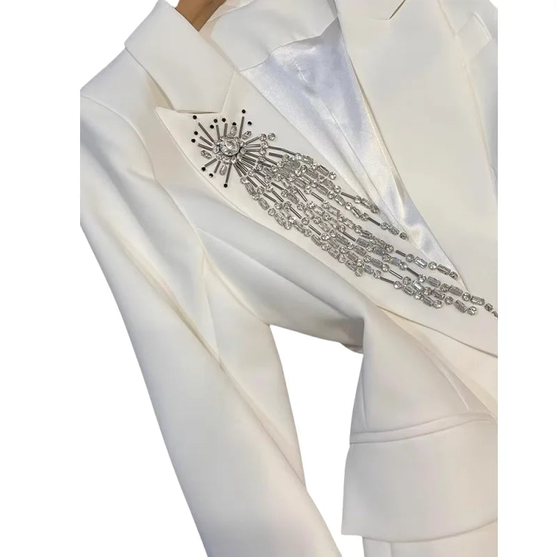 Elegant Style Lady Fine Workmanship Rhinestone Beading Office Wear Single Buttons Long Sleeve Women White Blazer
