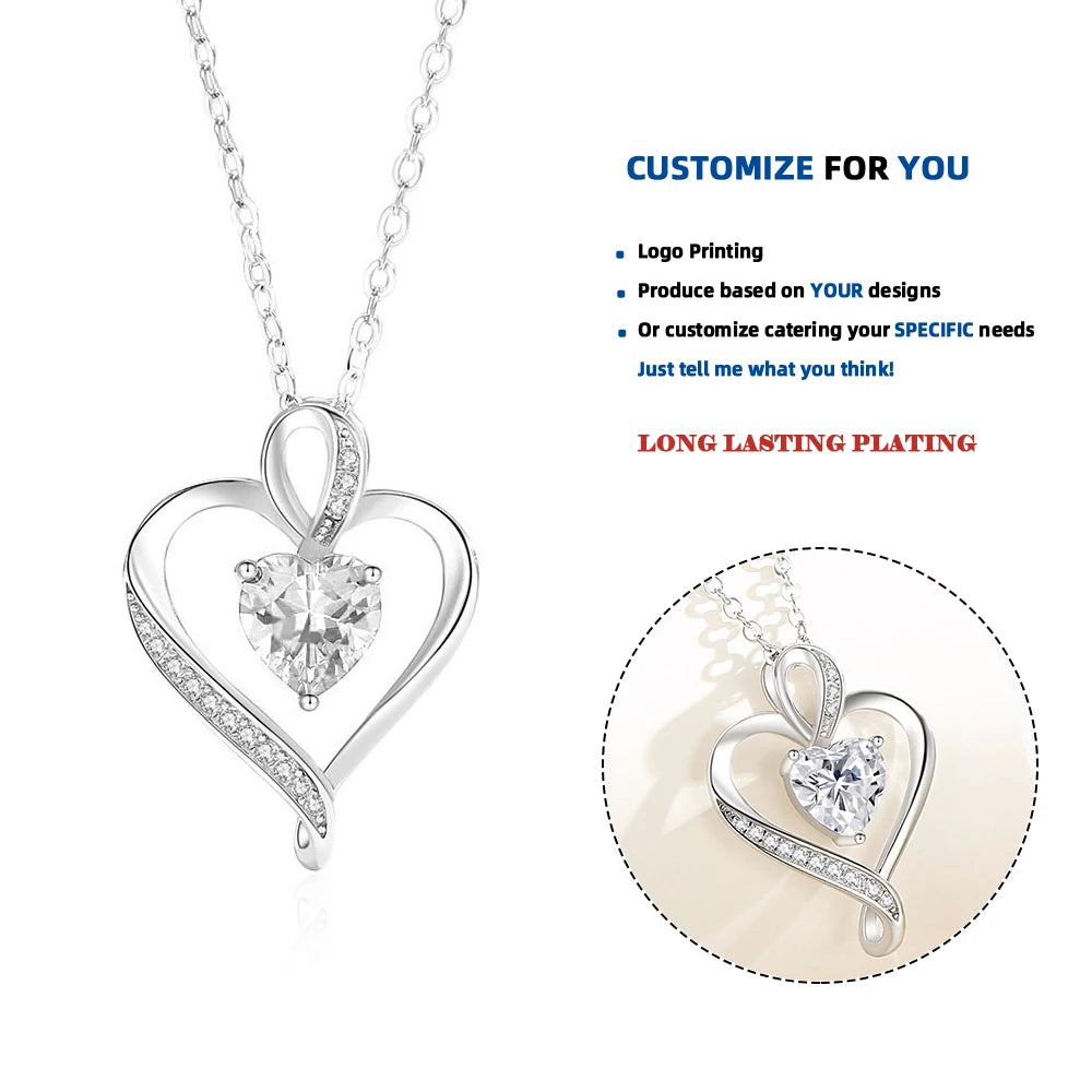 DY866 925 Sterling Silver Heart Pendant Necklace with Zircon Elegant Wedding Jewelry Gift for Women for Mother on Mothers Day