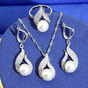 Classic White Pearl Zircon Platinum Plated Geometric 925 Silver Jewelry Sets for Women Wedding Earrings Necklace Pendant Ring