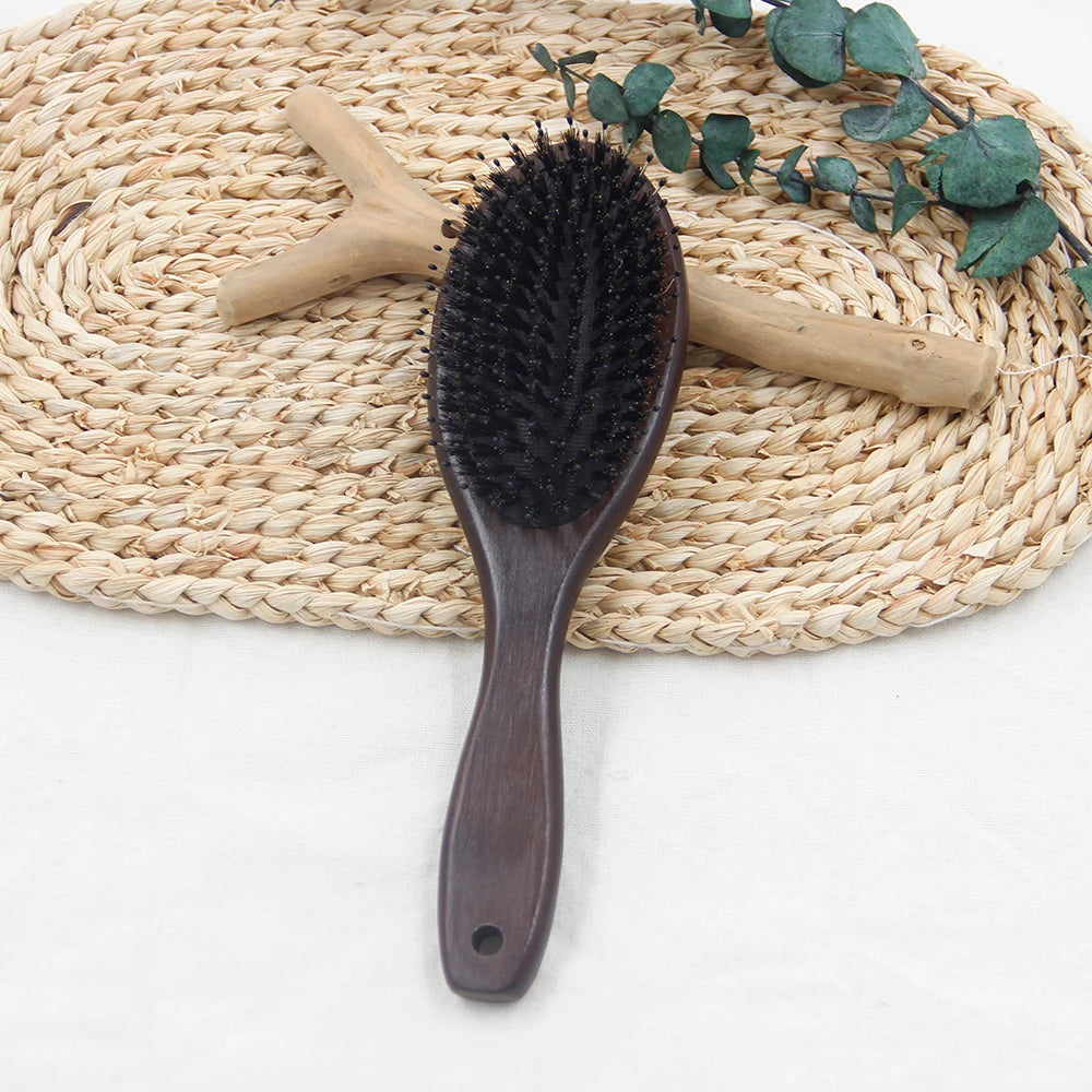Boar Bristle Hair Brush Wooden Handle Brown Hairbrush Boar Pig Natural Bristles Wood Wooden Paddle Hair Brush