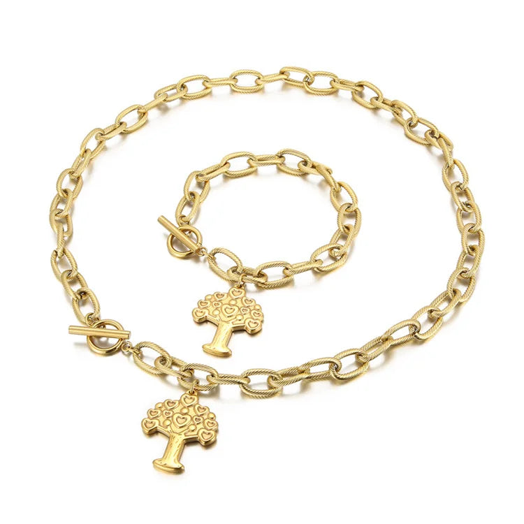 Trendy OT Clasp 18K Gold Tree of Life Charm Bracelet Jewelry Sets Stainless Steel Heart Necklace
