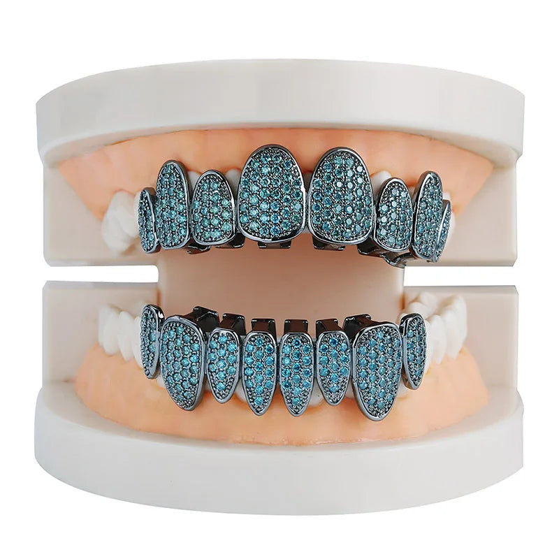 Hip Hop Bling Cubic Zircon Silver Iced Out Grillz Cooper Crystal Jewelry Top & Bottom Grillz Teeth Body Jewelry