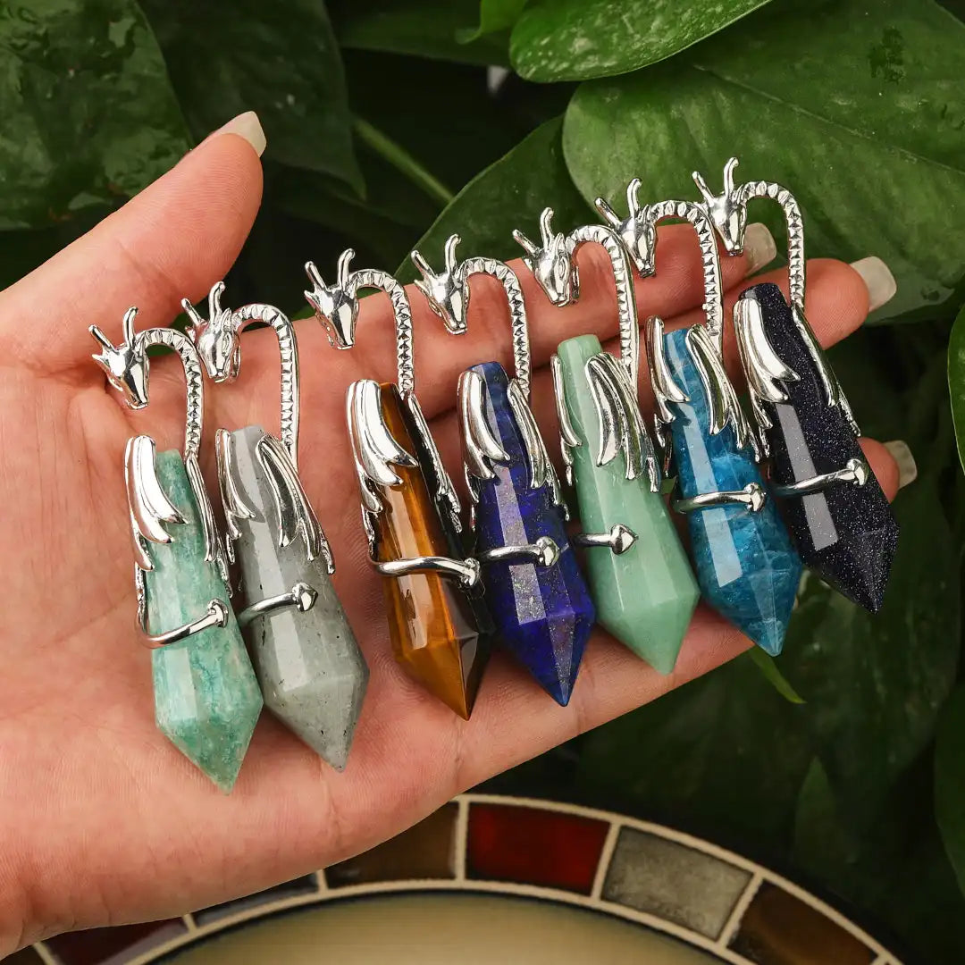 Silver Plated Classic Dragon Animal Skull Pendant Healing Crystal Hexagonal Point Pendulum DIY Jewelry for Children's Women's