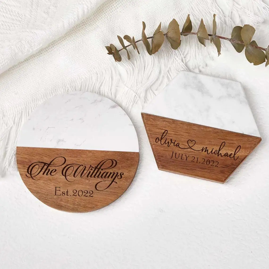 Custom Logo Bar Home Creative Marble Splicing Wood Placemat Coaster Heat Insulation Tea Coffee Cup Mat Coasters