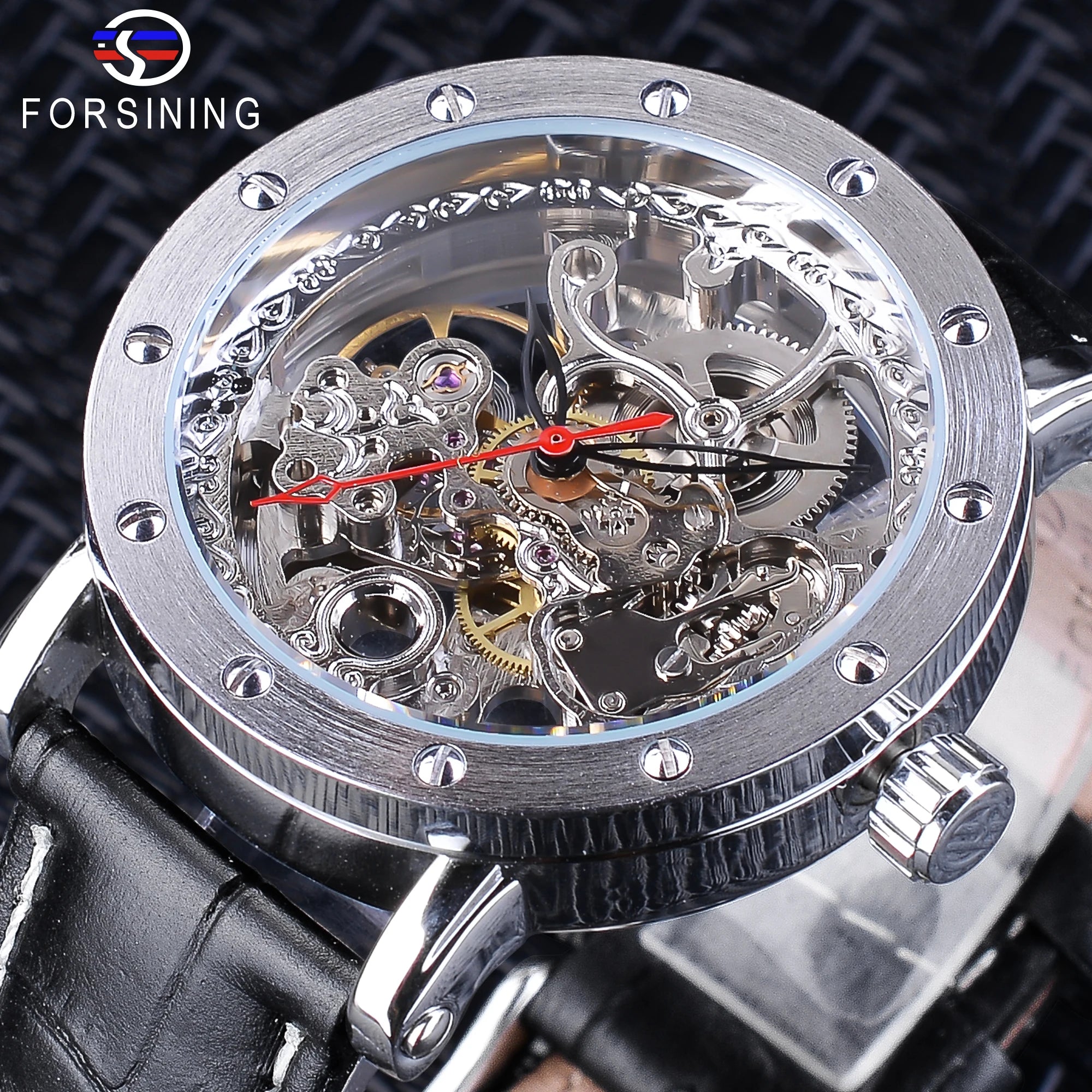 Forsining Silver Case Open Work Clock Black Red Pointer Genuine Leather Belt Automatic Watches for Men Transparent Watch