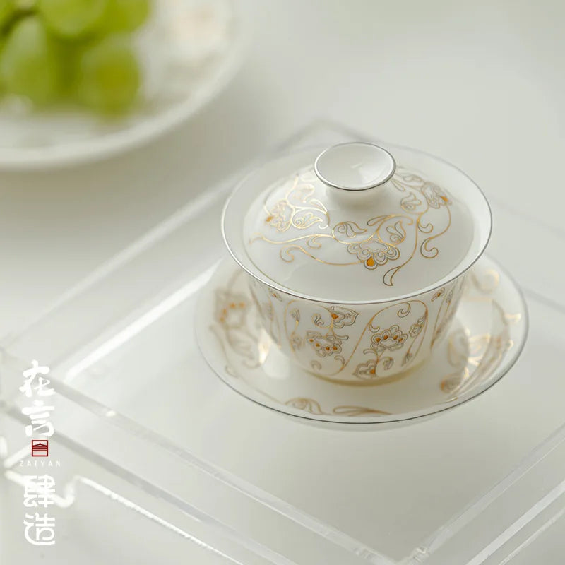 Baoxiang Luxury Ceramic Gaiwan Flower- Wrapped Lotus Mutton- Fat Jade White Three-Cup Tureen Accessible for Coffee & Tea Sets