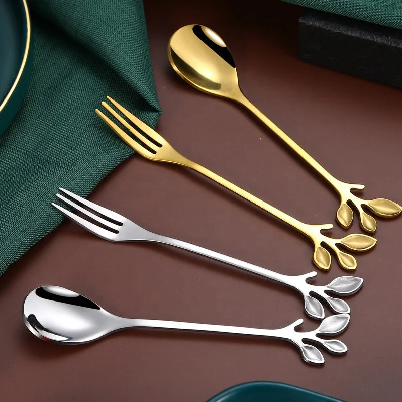 Unique Leaf Shape Stainless Steel Drink Coffee Tea Spoon Fork Set for Gift Souvenirs