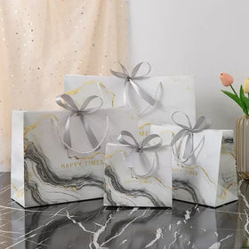 In Stock Marble Handbag Gift Bag Elegant Paper Packaging for Wedding Party with Ribbon