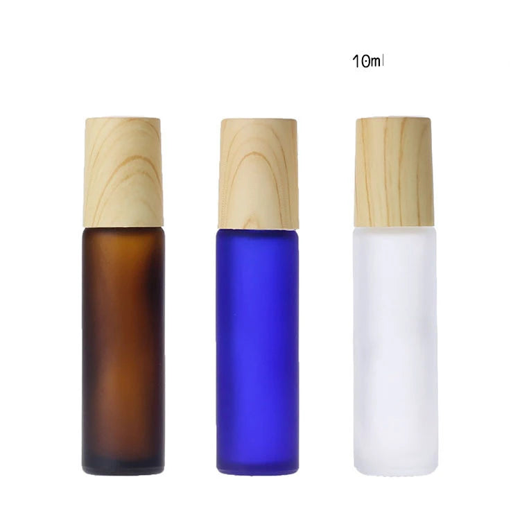 Low MOQ 10ml  Clear Blue Amber Perfume Essential Oil Wood Pattern Lid Roll on Glass Bottle