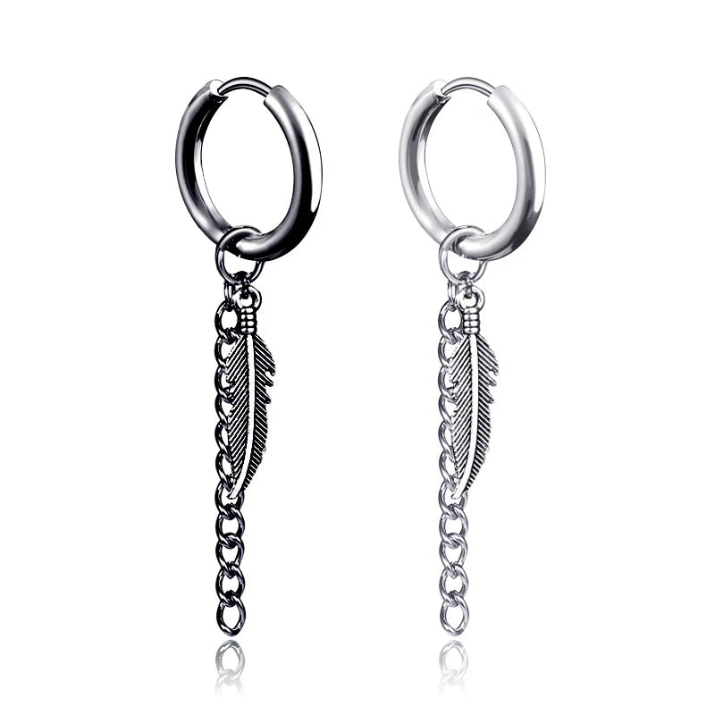 Hiphop Silver Black Gun Plated Chain Leaf Pendant Mens Punk Stainless Steel Non Piercing Cuff Ear Clip Earring