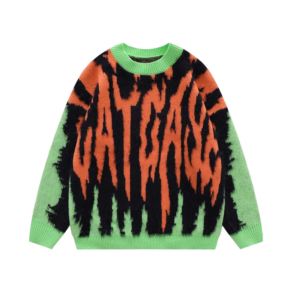 Customized Oversized Cotton Sweater with Flame Graphic Casual Fall Knit Pullover Tops Crewneck Tapestry with Jacquard Print