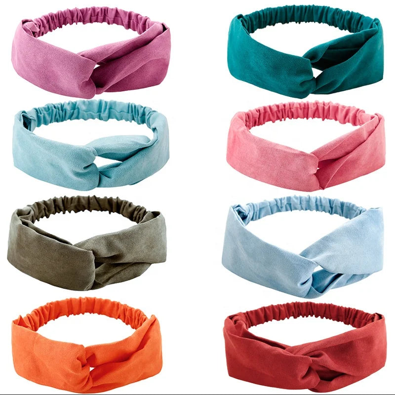 Womens Ladies Solid Color Stretchy Twist Faux Chamois Turbans Elastic Headwrap Padded Suede Headband