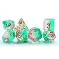 Custom Logo 16mm Polyhedral Resin Dice Set Double Color Green and Transparent for RPG & DND Games Packaged with Logo