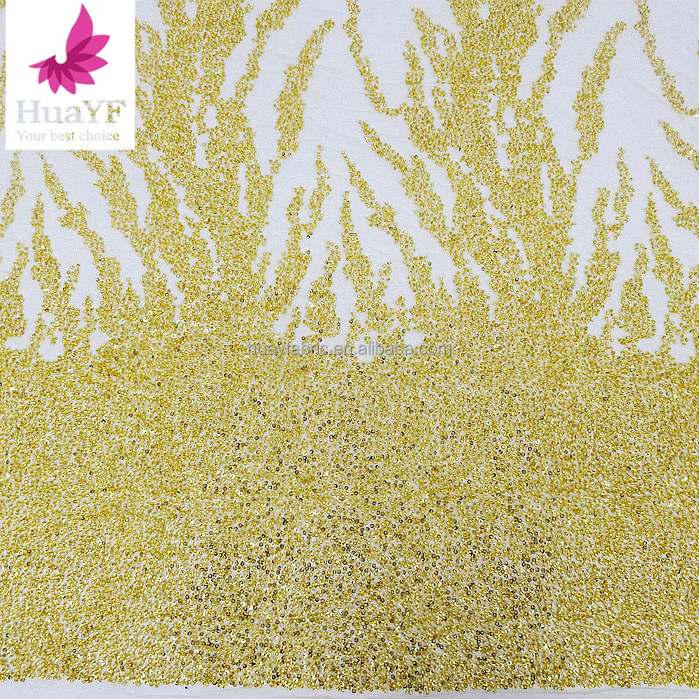 HY2961-4 Heavy Design Gold Color Beaded Tulle Lace Fabric With Pearls and Sequins for Woman Wedding Evening Dress