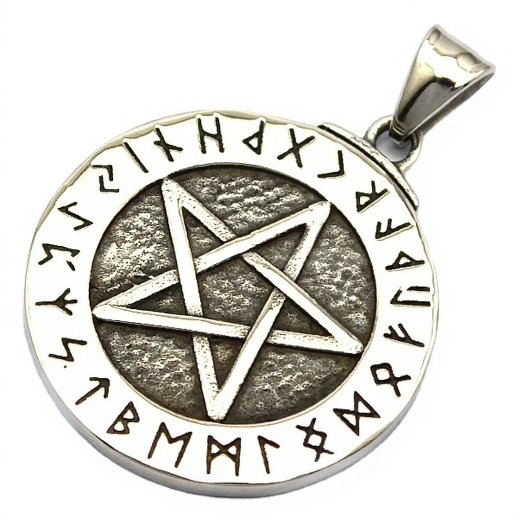 New Arrival Vintage Star Viking Jewelry Stainless Steel Silver Plated Engraved Pentagram Runes Circle Pendant