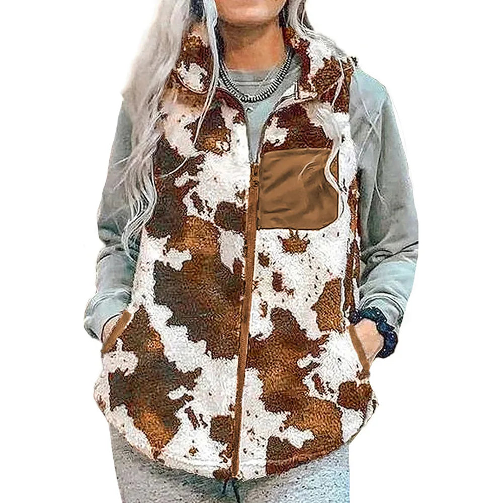 High Quality Women's Cow Prints Winter Fashion Vest Jacket Sleeveless Causal Autumn Plush Zip up Coat Jackets