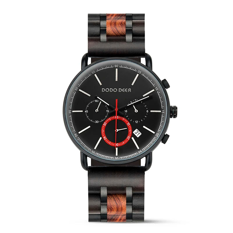 For DODO DEER Sport & Fashion Quartz Wristwatch for Men Auto Date Male Stop Watch with Wood & Metal 43mm Dial Diameter Wholesale