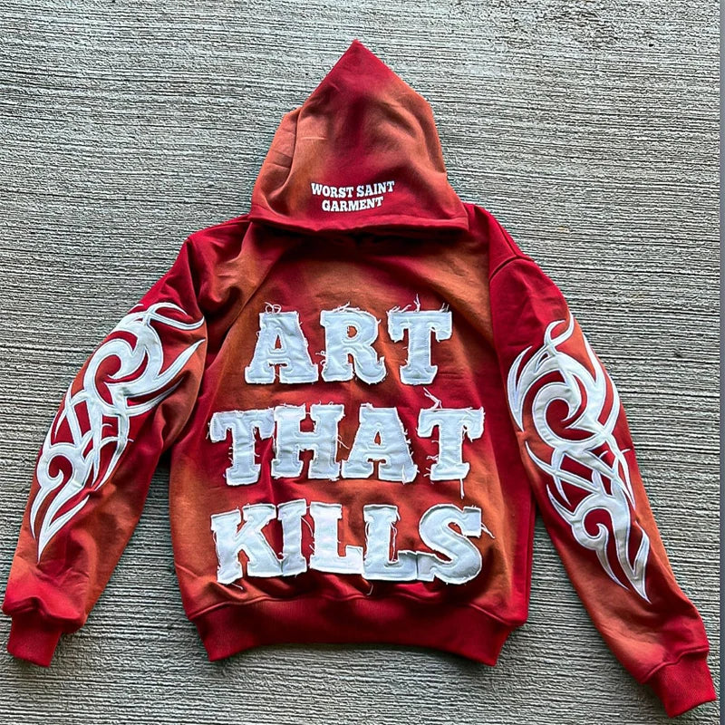 500gsm Heavyweight 100% Cotton Custom Design Applique Embroidery Patch Breathable Lined Streetwear Distressed Sun Men's Hoodie
