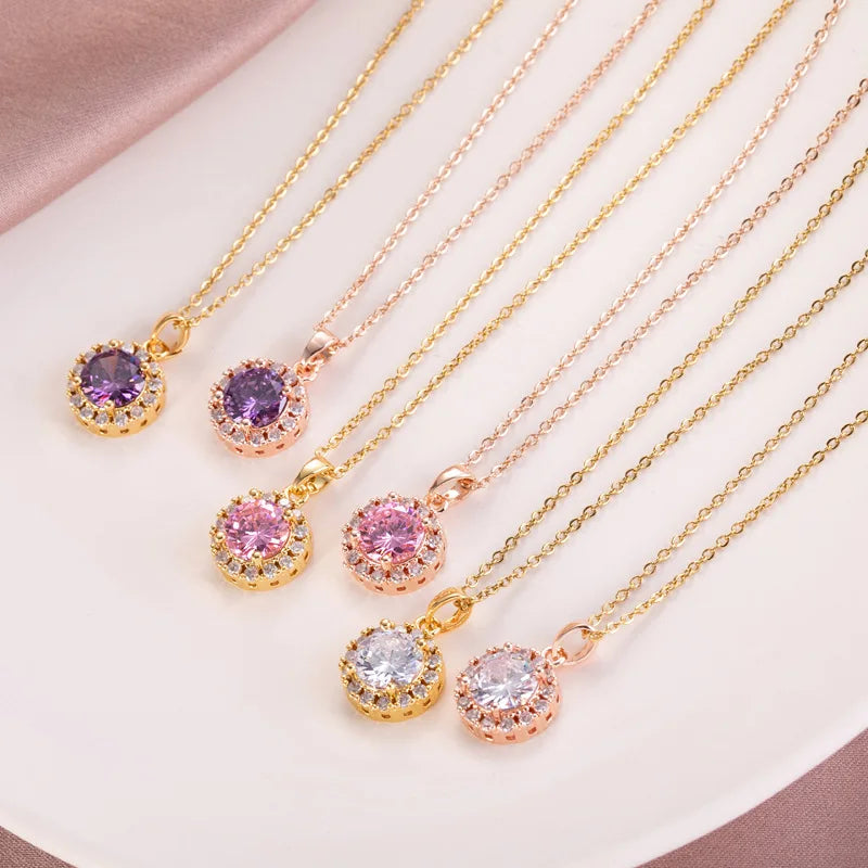 Luxury Dainty Birthday Gift Cubic Round  Crystal Diamond Necklace Bling Full Zircon Pendant Necklace Jewelry